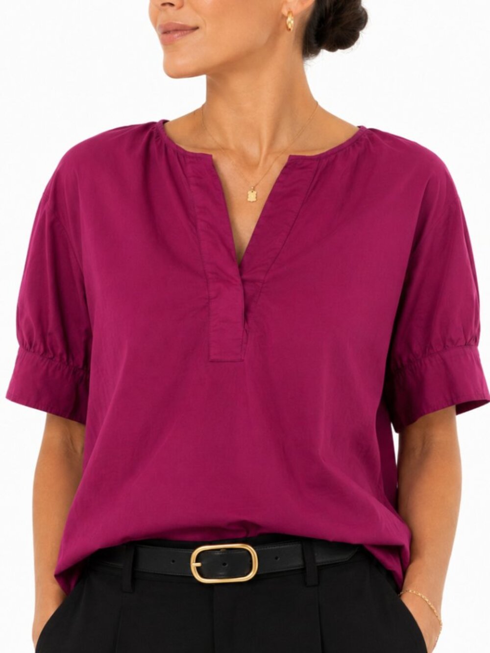 Talbots 100% Cotton Magenta Puff Sleeve Popover Blouse Size M